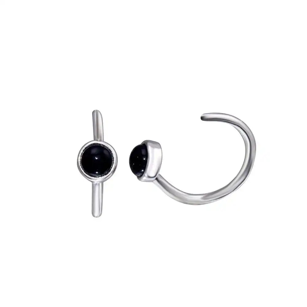 925 Sterling Silver Rhodium Plated Round Onyx Semi-Hoop Earring