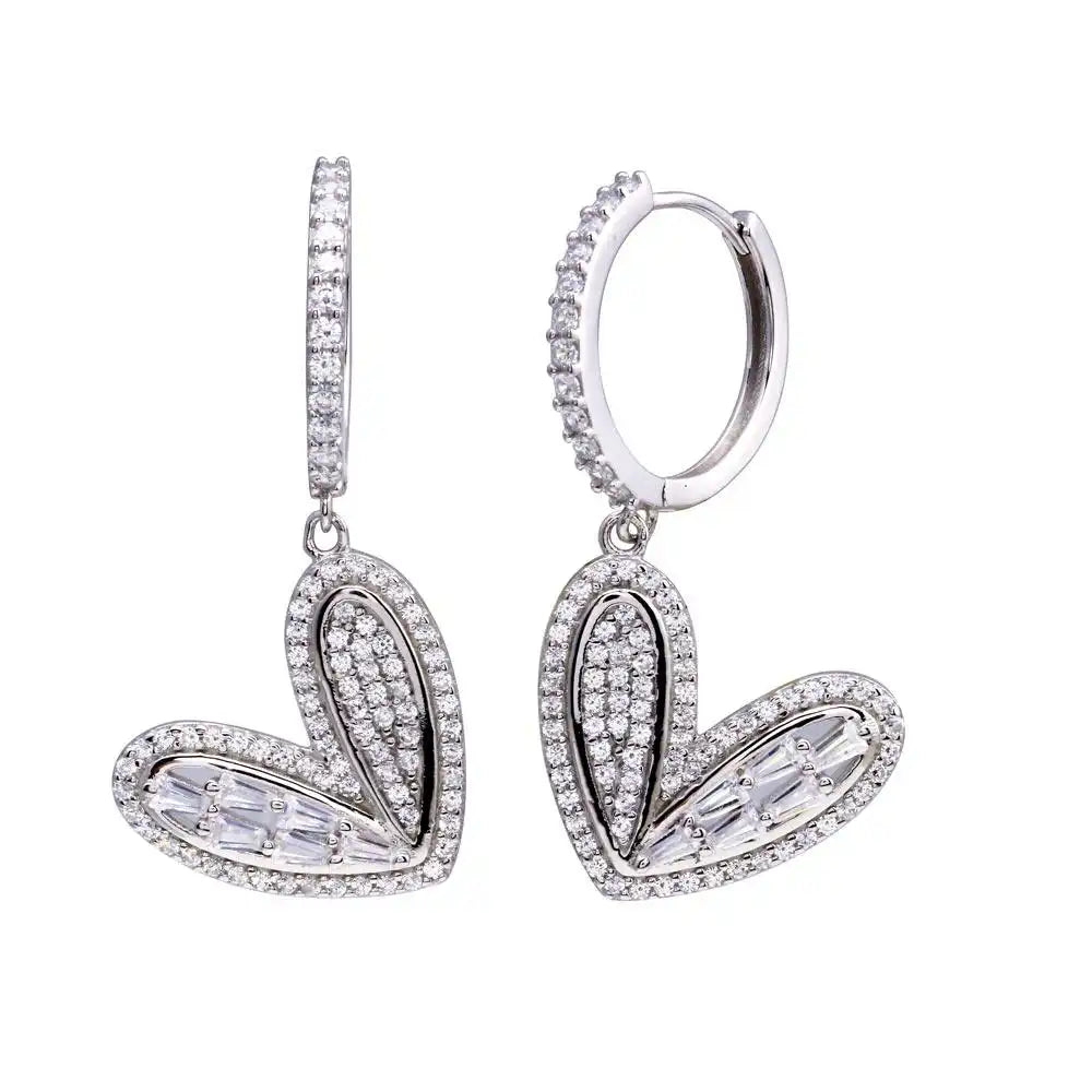 925 Sterling Silver Rhodium Plated CZ Hoop Dangling Wide Heart Earring