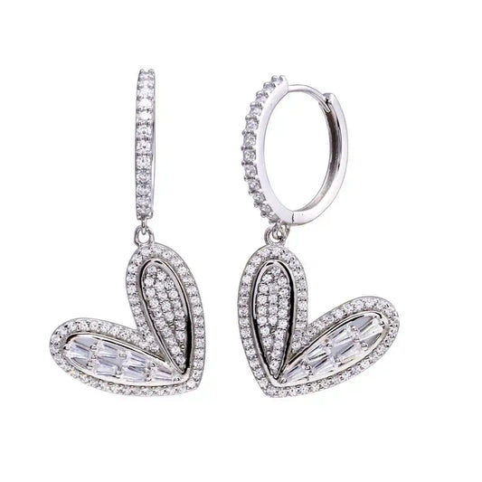 925 Sterling Silver Rhodium Plated CZ Hoop Dangling Wide Heart Earring