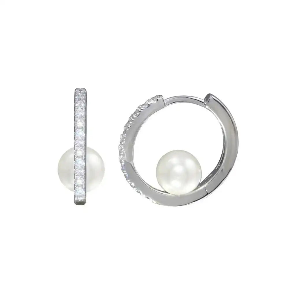 925 Sterling Silver Rhodium Plated CZ Pearl Center Hoop Earring