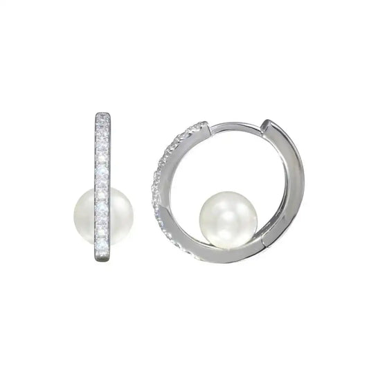 925 Sterling Silver Rhodium Plated CZ Pearl Center Hoop Earring