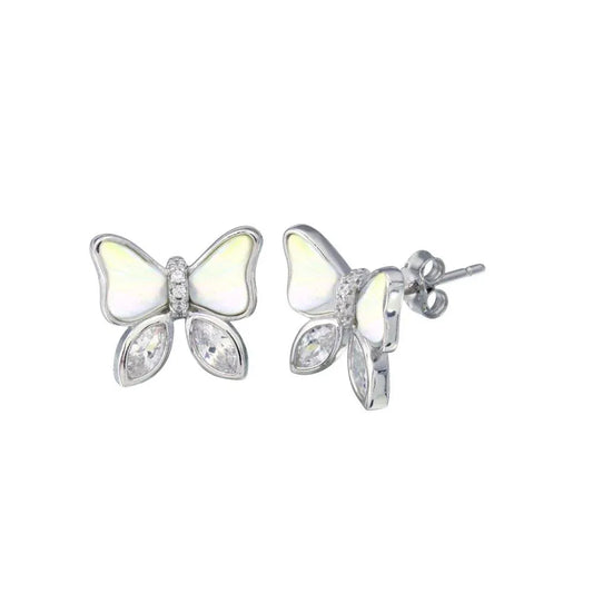 925 Sterling Silver Rhodium Plated Simulated Pearl Clear CZ Butterfly Earring