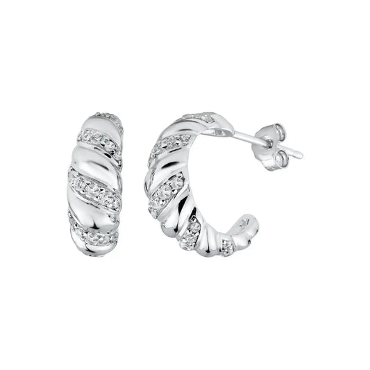 925 Sterling Silver Rhodium Plated Semi Hoop Braid Design CZ Earring