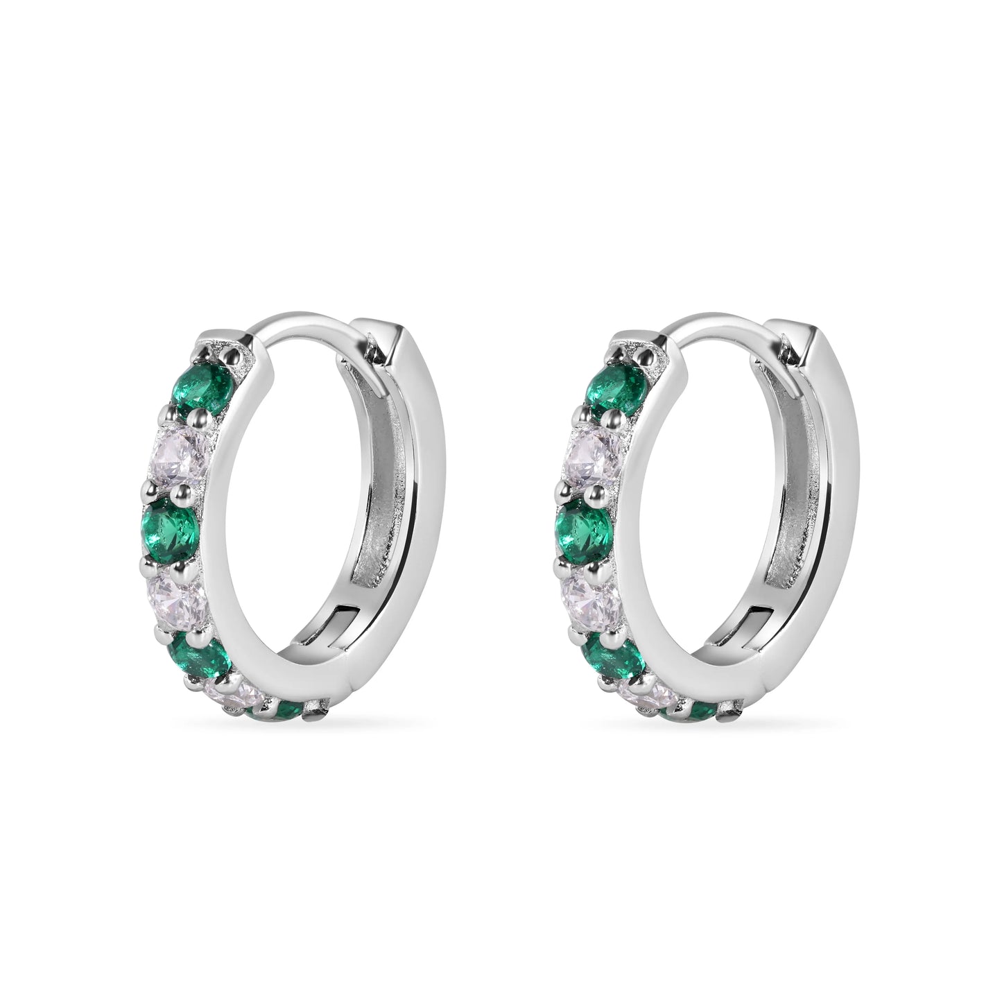 925 Sterling Silver Rhodium Plated Clear Green CZ Huggie Earring 12.6mm