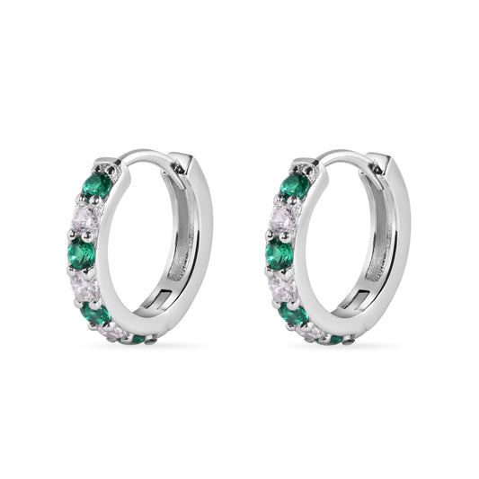 925 Sterling Silver Rhodium Plated Clear Green CZ Huggie Earring 12.6mm