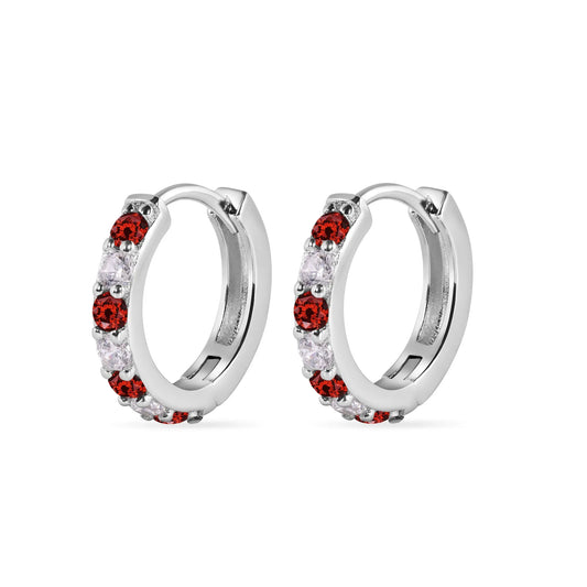 925 Sterling Silver Rhodium Plated Clear Red CZ Huggie Earring 12.6mm