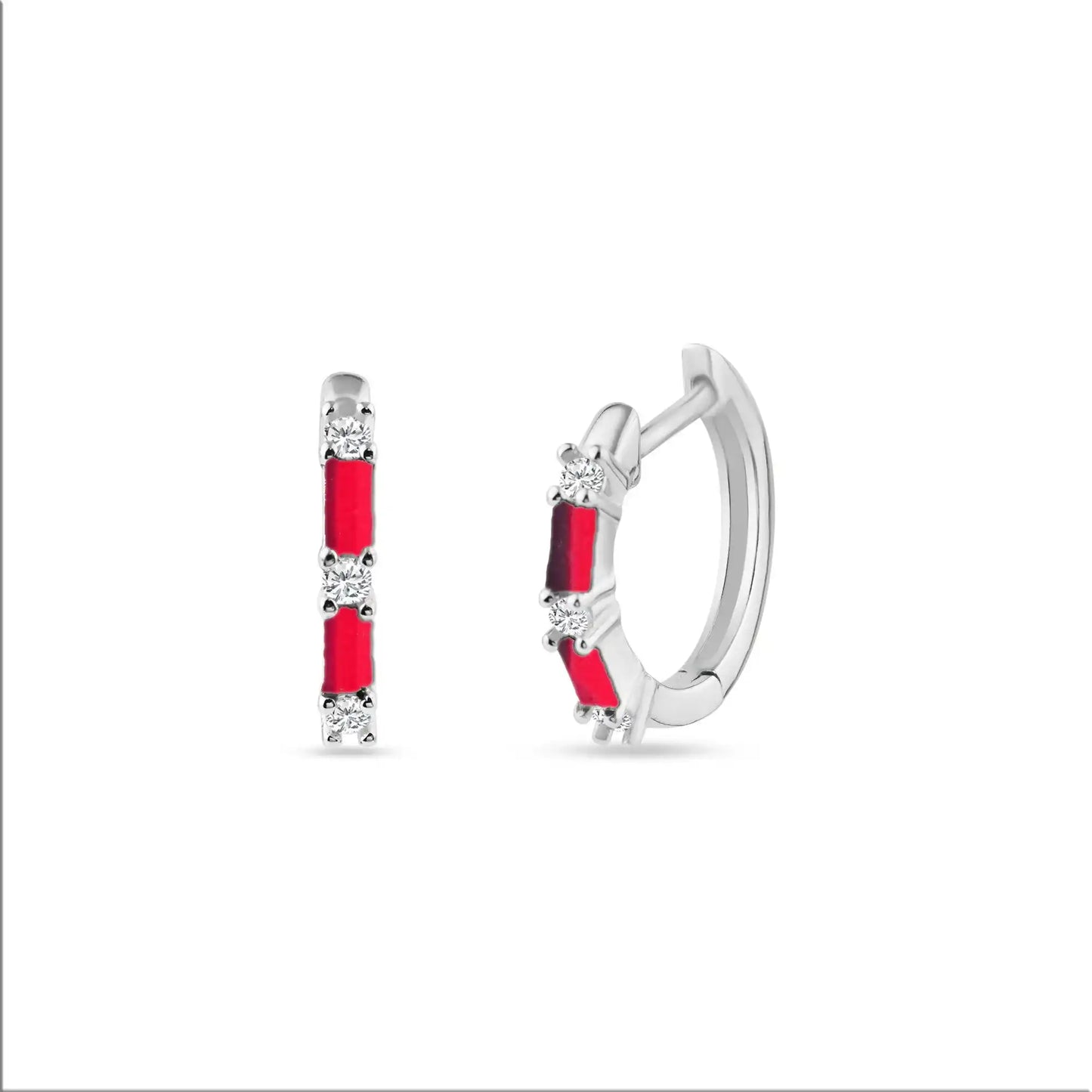 925 Sterling Silver Rhodium Plated Red CZ Huggie Hoop Earring 13.2mm
