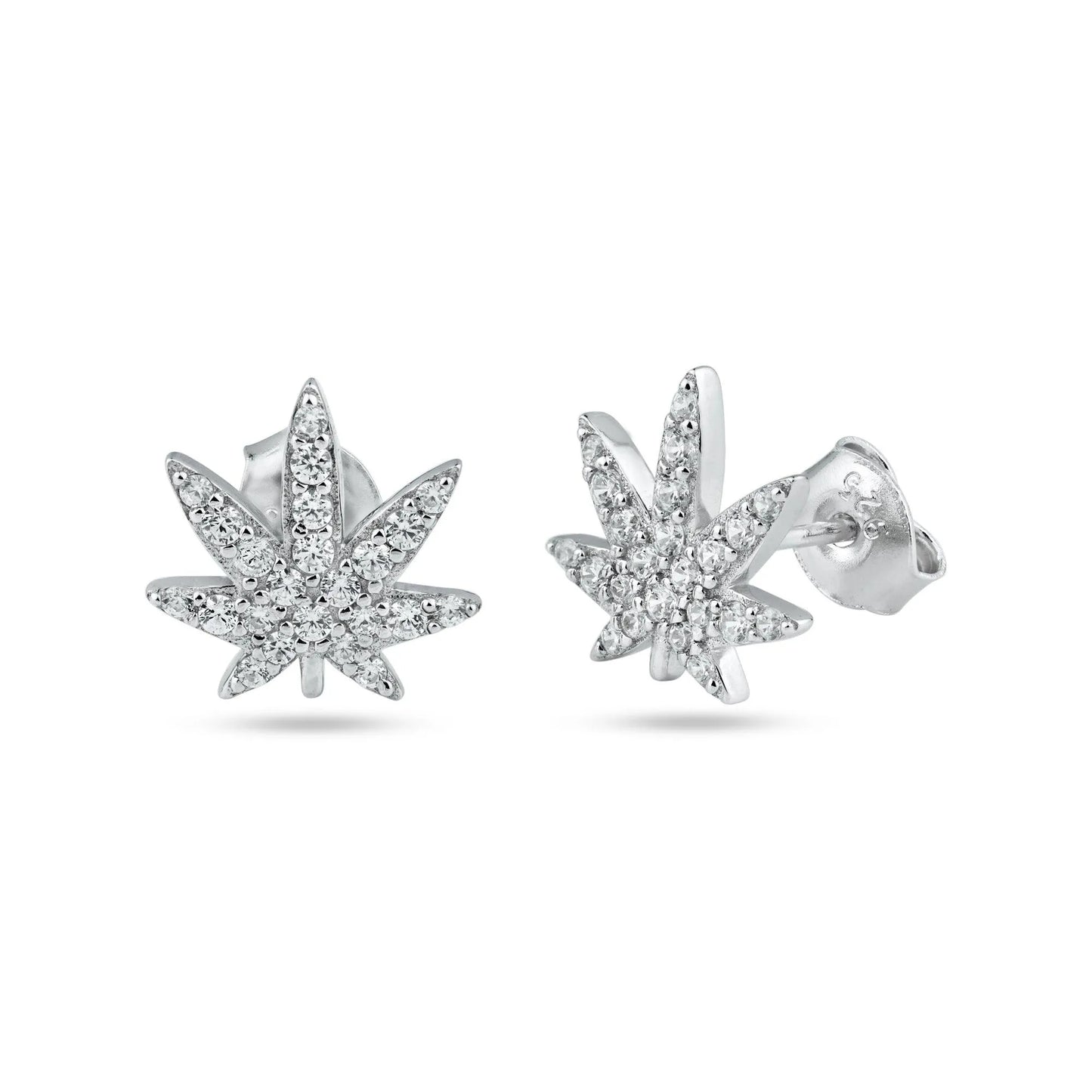 925 Sterling Silver Rhodium Plated Cannabis CZ Stud Earring