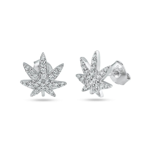 925 Sterling Silver Rhodium Plated Cannabis CZ Stud Earring