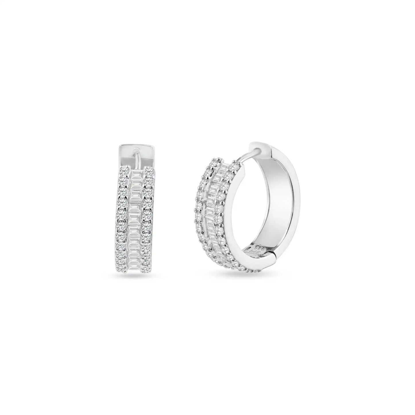 925 Sterling Silver Rhodium Plated Pave Huggie Hoop Earring 20mm