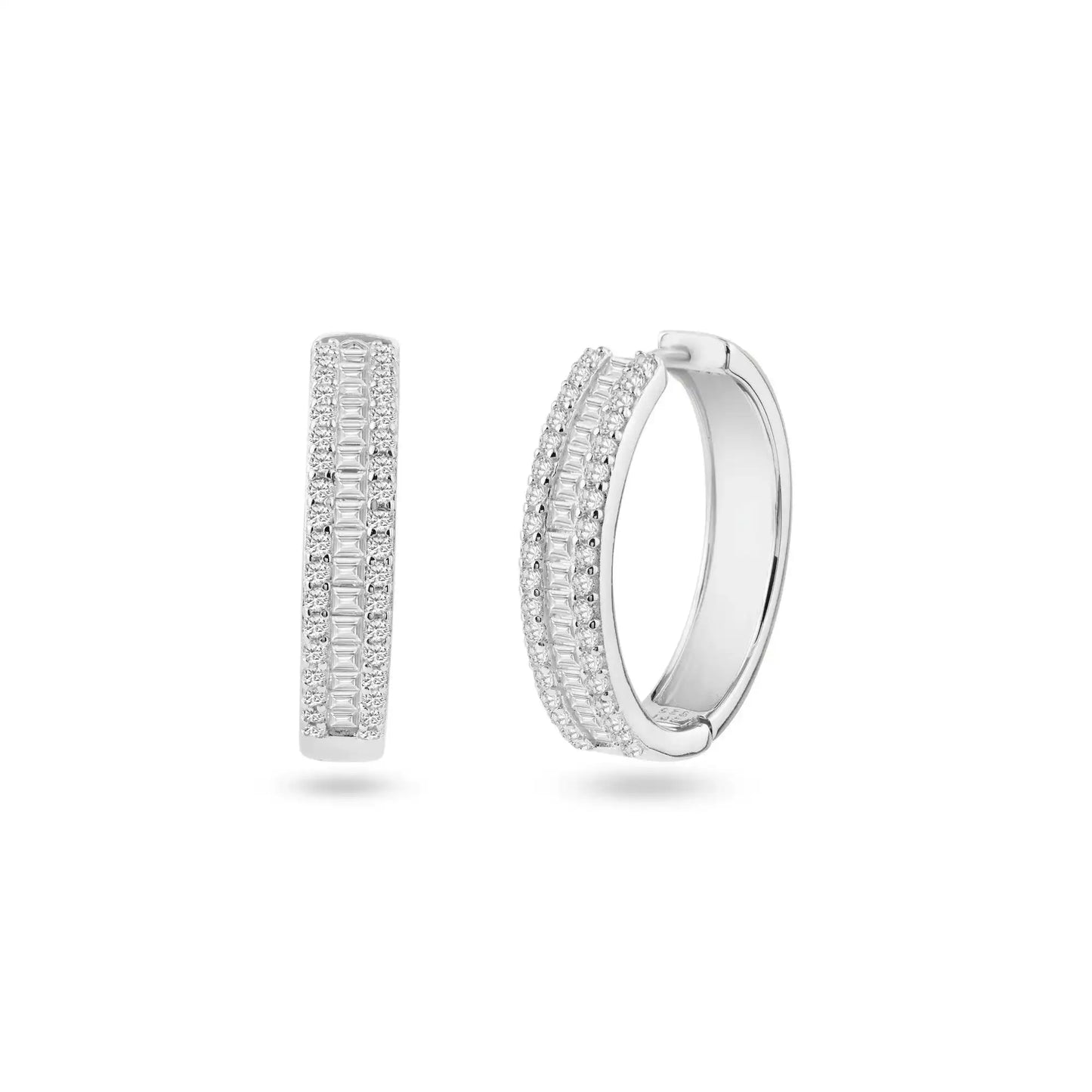 925 Sterling Silver Rhodium Plated Pave Huggie Hoop Earring 26mm