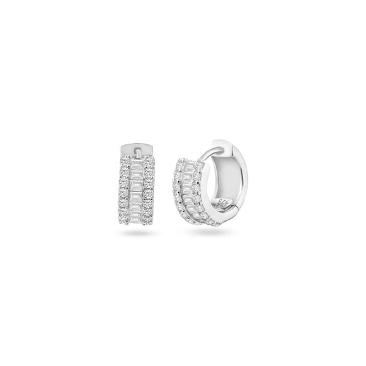 925 Sterling Silver Rhodium Plated Pave Huggie Hoop Earring 13mm
