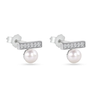 925 Sterling Silver Rhodium Plated CZ Bar with Pearl Earrings
