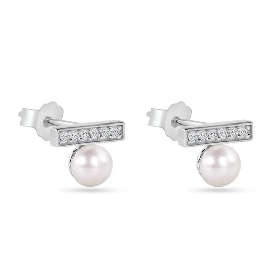 925 Sterling Silver Rhodium Plated CZ Bar with Pearl Earrings