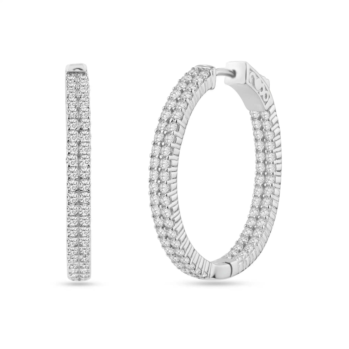 925 Sterling Silver Rhodium Plated Huggie 2 Row Clear CZ Earring 30mm