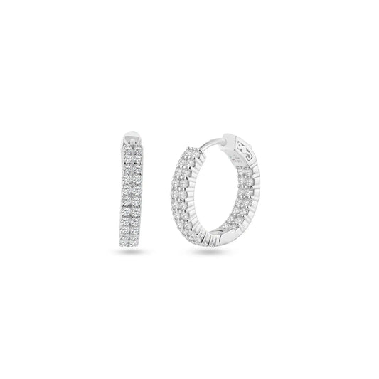 925 Sterling Silver Rhodium Plated Huggie 2 Row Clear CZ Earring 18mm