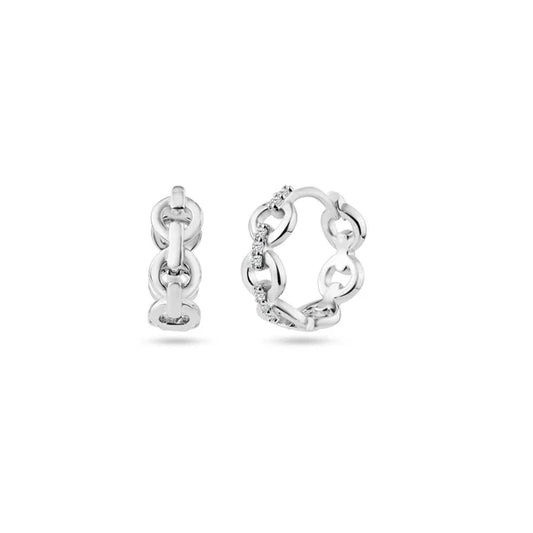 925 Sterling Silver Rhodium Plated Chain Link CZ Huggie Hoop Earring 13.2mm