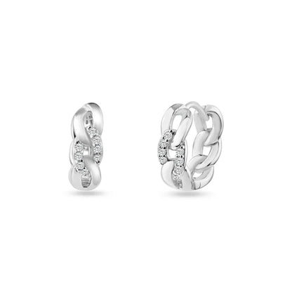 925 Sterling Silver Rhodium Plated Chain Link CZ Huggie Hoop Earring 14.6mm