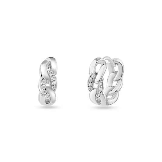925 Sterling Silver Rhodium Plated Chain Link CZ Huggie Hoop Earring 14.6mm
