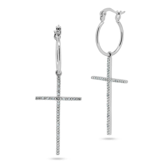 925 Sterling Silver Rhodium Plated Cross CZ Dangling hoop Earring