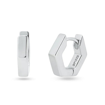 925 Sterling Silver Rhodium Plated Hexagon Huggie Hoop Earring 11.7mm