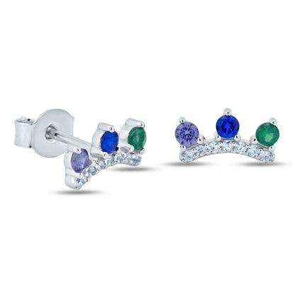 925 Sterling Silver Rhodium Plated Multi Color Crown CZ Stud Earrings