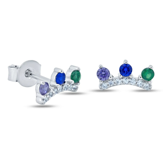 925 Sterling Silver Rhodium Plated Multi Color Crown CZ Stud Earrings