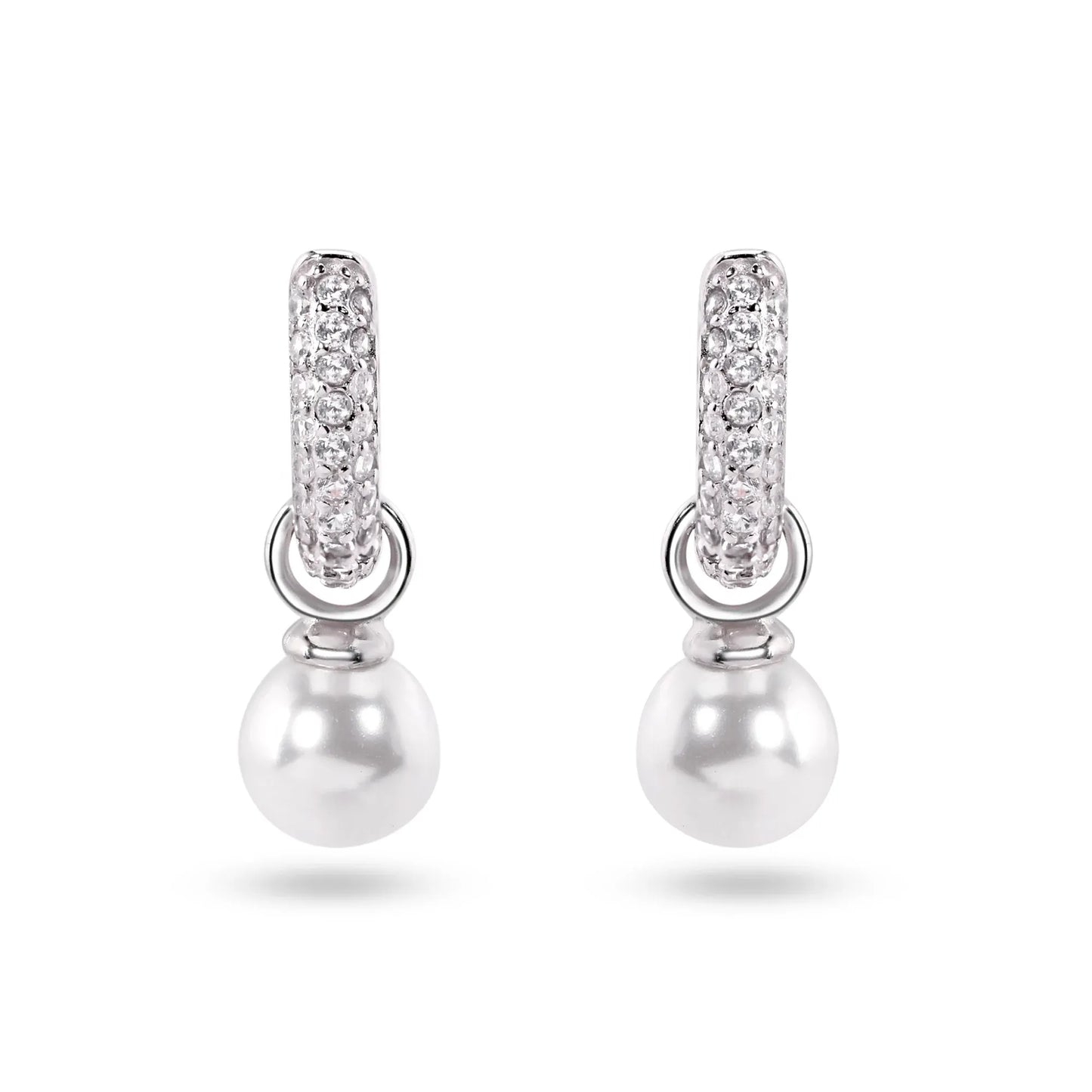 925 Sterling Silver Rhodium Plated Dangling Pearl Clear CZ Hoop Earrings
