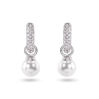 925 Sterling Silver Rhodium Plated Dangling Pearl Clear CZ Hoop Earrings