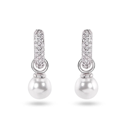 925 Sterling Silver Rhodium Plated Dangling Pearl Clear CZ Hoop Earrings