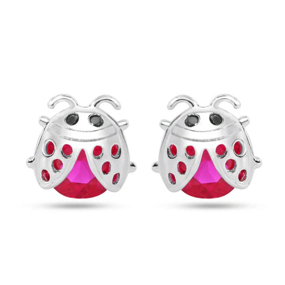 925 Sterling Silver Rhodium Plated Lady Bug Red CZ Stud Earrings