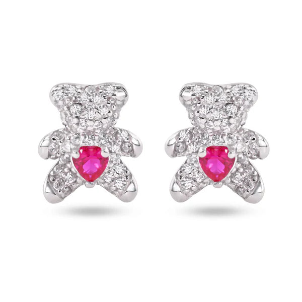 925 Sterling Silver Rhodium Plated Bear Heart Clear and Red CZ Stud Earrings