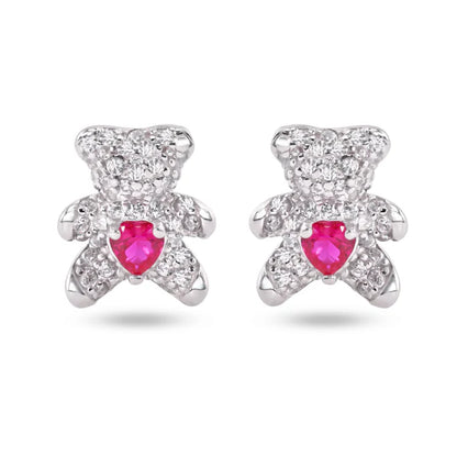 925 Sterling Silver Rhodium Plated Bear Heart Clear and Red CZ Stud Earrings