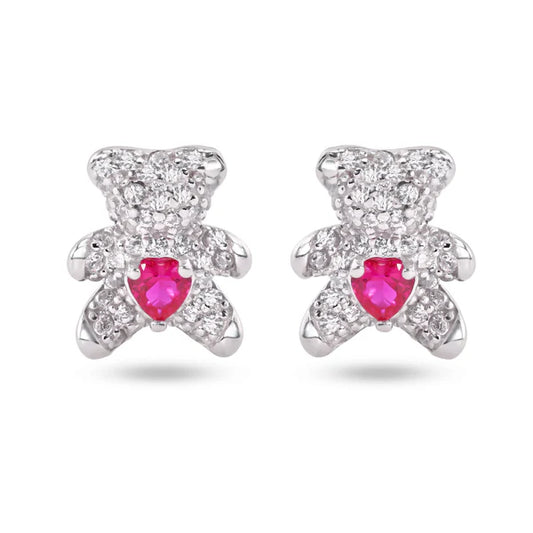 925 Sterling Silver Rhodium Plated Bear Heart Clear and Red CZ Stud Earrings