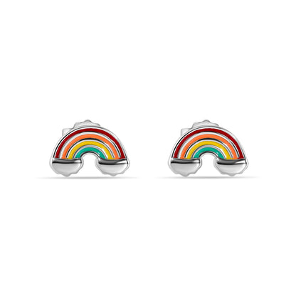 925 Sterling Silver Rhodium Plated Enamel Rainbow Clouds Stud Earring