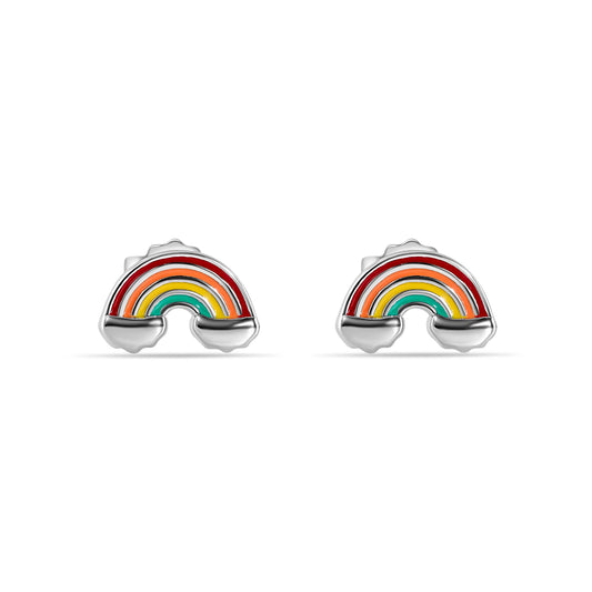 925 Sterling Silver Rhodium Plated Enamel Rainbow Clouds Stud Earring