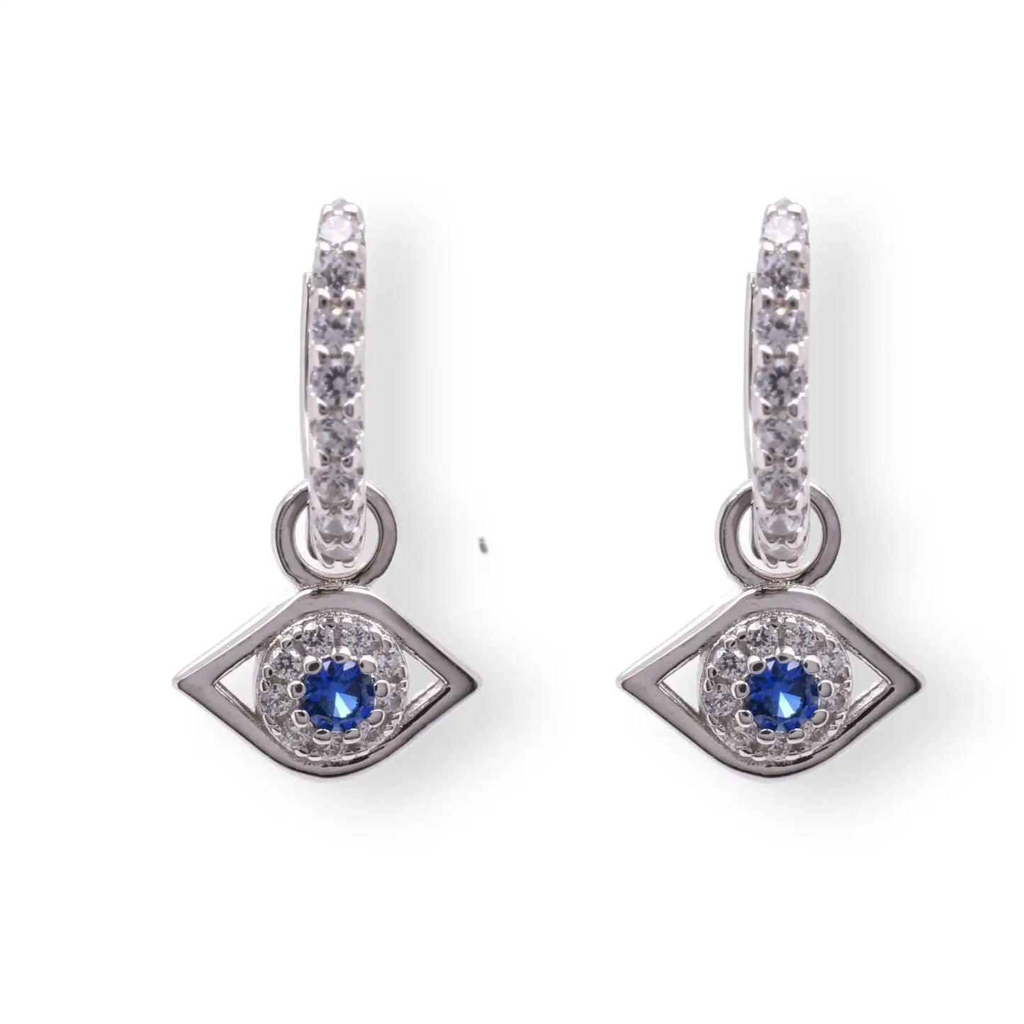 925 Sterling Silver Rhodium Plated Dangling Evil Eye Blue and Clear CZ Huggie Earring