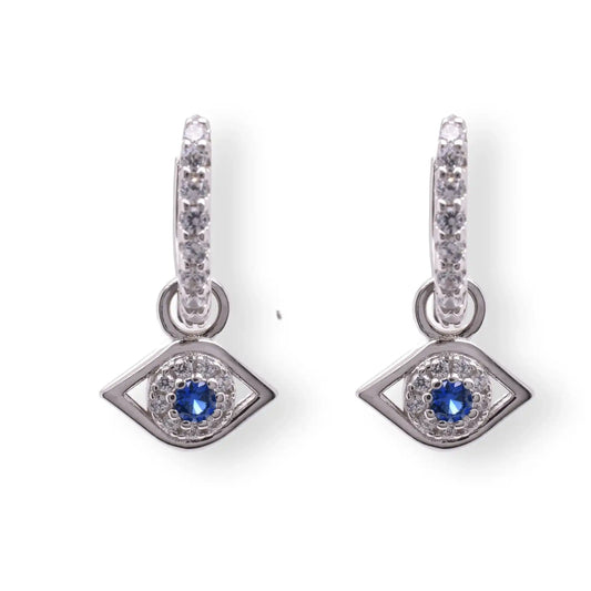 925 Sterling Silver Rhodium Plated Dangling Evil Eye Blue and Clear CZ Huggie Earring