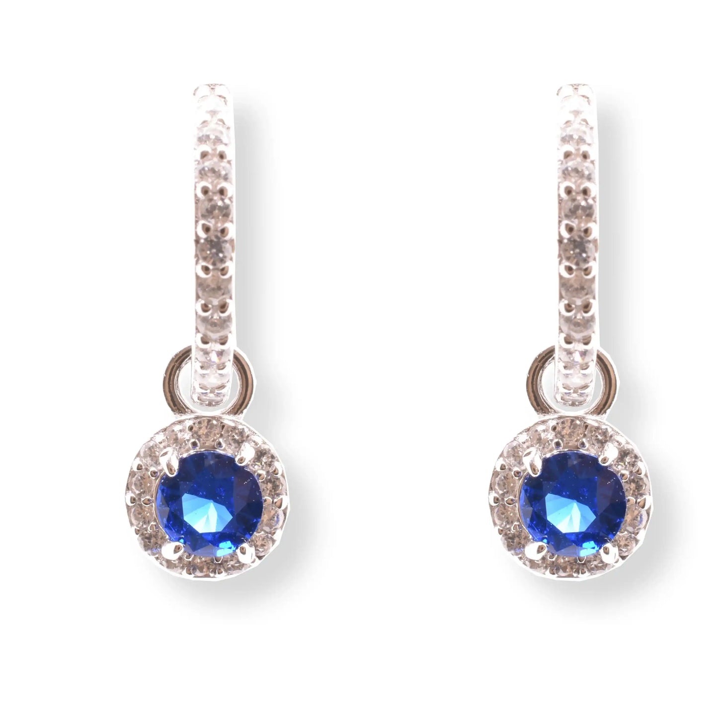 925 Sterling Silver Rhodium Plated Dangling Micro Pave Blue and Clear CZ Huggie Earring