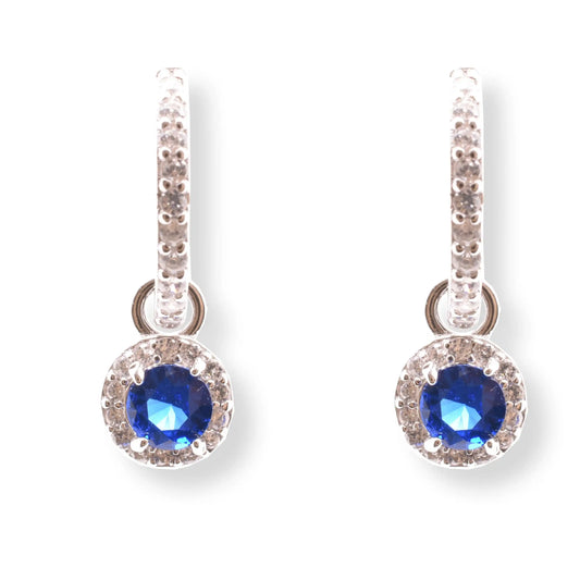 925 Sterling Silver Rhodium Plated Dangling Micro Pave Blue and Clear CZ Huggie Earring