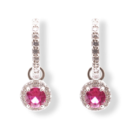 925 Sterling Silver Rhodium Plated Dangling Micro Pave Red and Clear CZ Huggie Earring