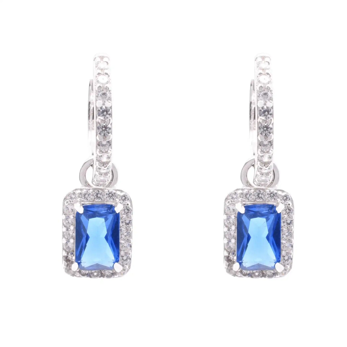 925 Sterling Silver Rhodium Plated Dangling Micro Pave Emerald Cut Blue and Clear CZ Huggie Earring