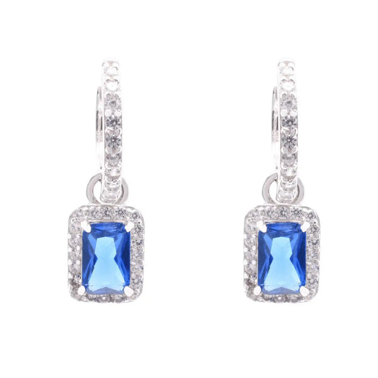 925 Sterling Silver Rhodium Plated Dangling Micro Pave Emerald Cut Blue and Clear CZ Huggie Earring