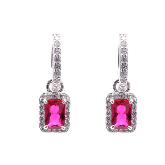 925 Sterling Silver Rhodium Plated Dangling Micro Pave Emerald Cut Red and Clear CZ Huggie Earring