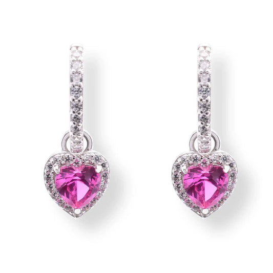 925 Sterling Silver Rhodium Plated Dangling Micro Pave Heart Red and Clear CZ Huggie Earring