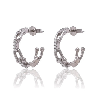 Sterling Silver Rhodium Plated Paperclip Clear CZ Semi Hoop Stud Earring