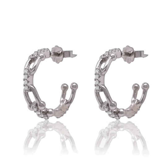 Sterling Silver Rhodium Plated Paperclip Clear CZ Semi Hoop Stud Earring