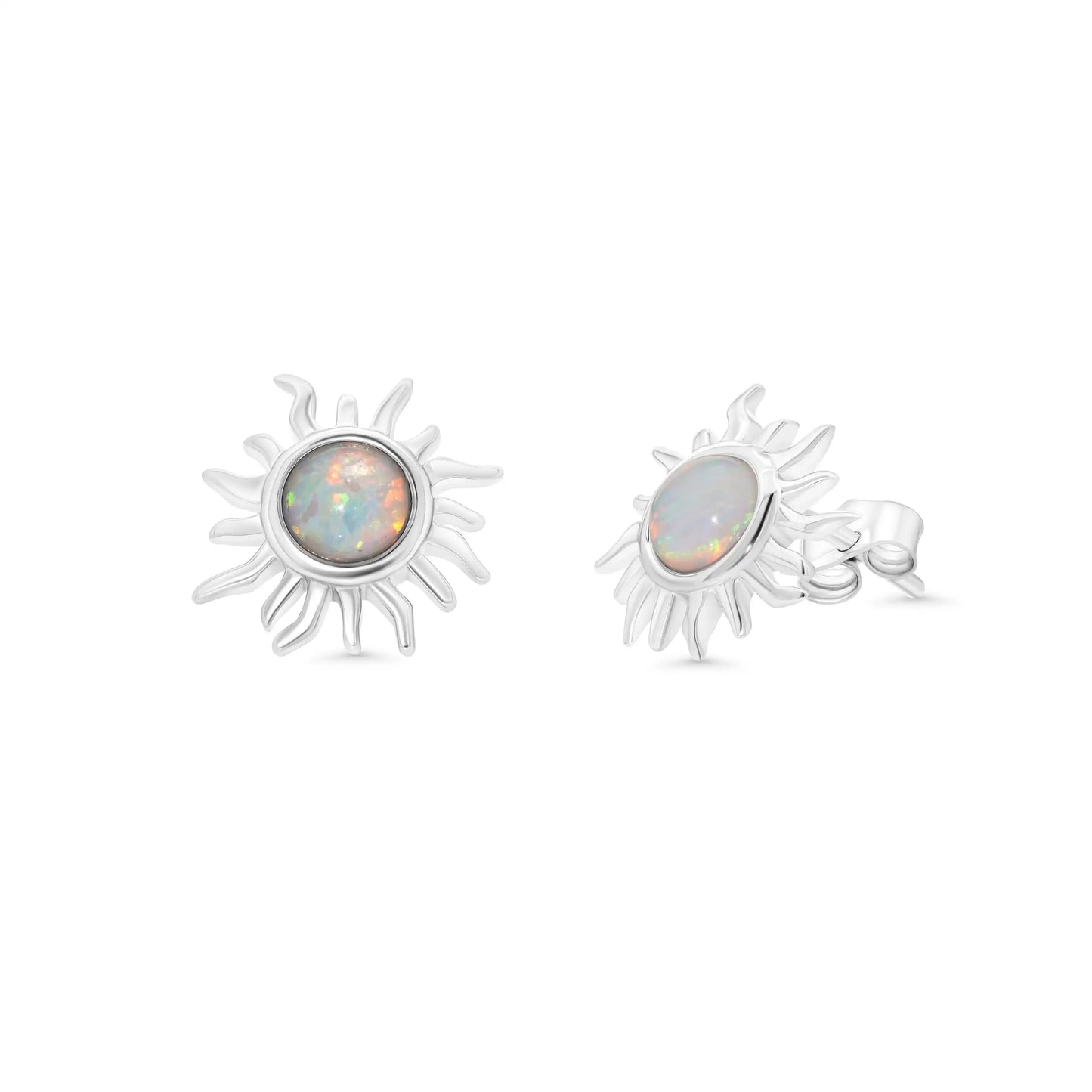 925 Sterling Silver Rhodium Plated 11mm Sun Synthetic Opal Stud Earring