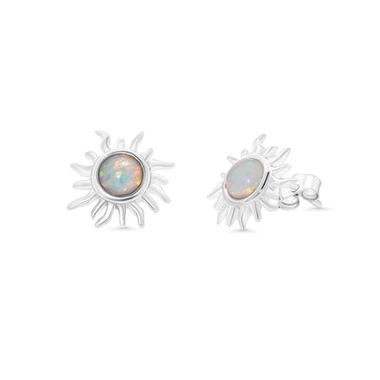 925 Sterling Silver Rhodium Plated 11mm Sun Synthetic Opal Stud Earring