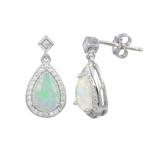 925 Sterling Silver Rhodium Plated Teardrop Synthetic Opal with CZ